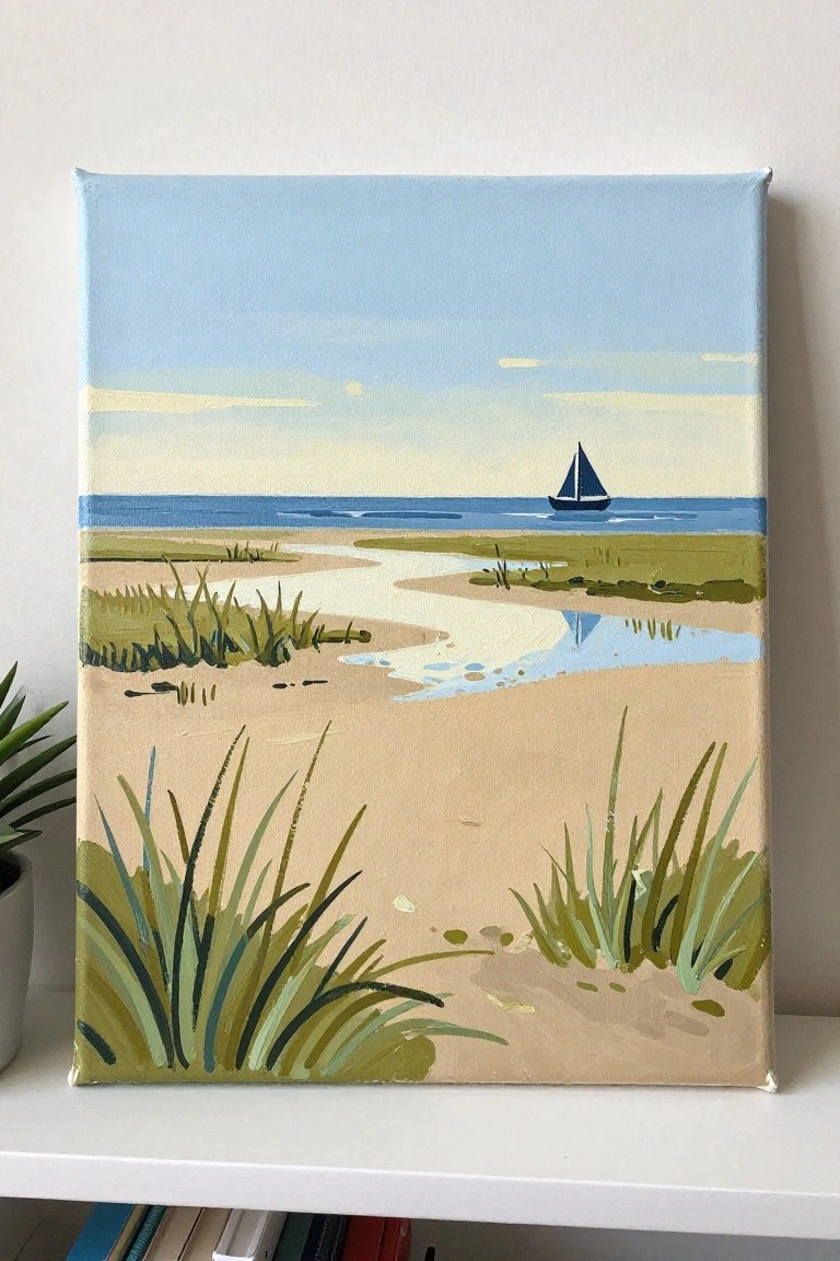 Canvas painting of sailboat on blue sea beyond grassy sand dunes under sky.