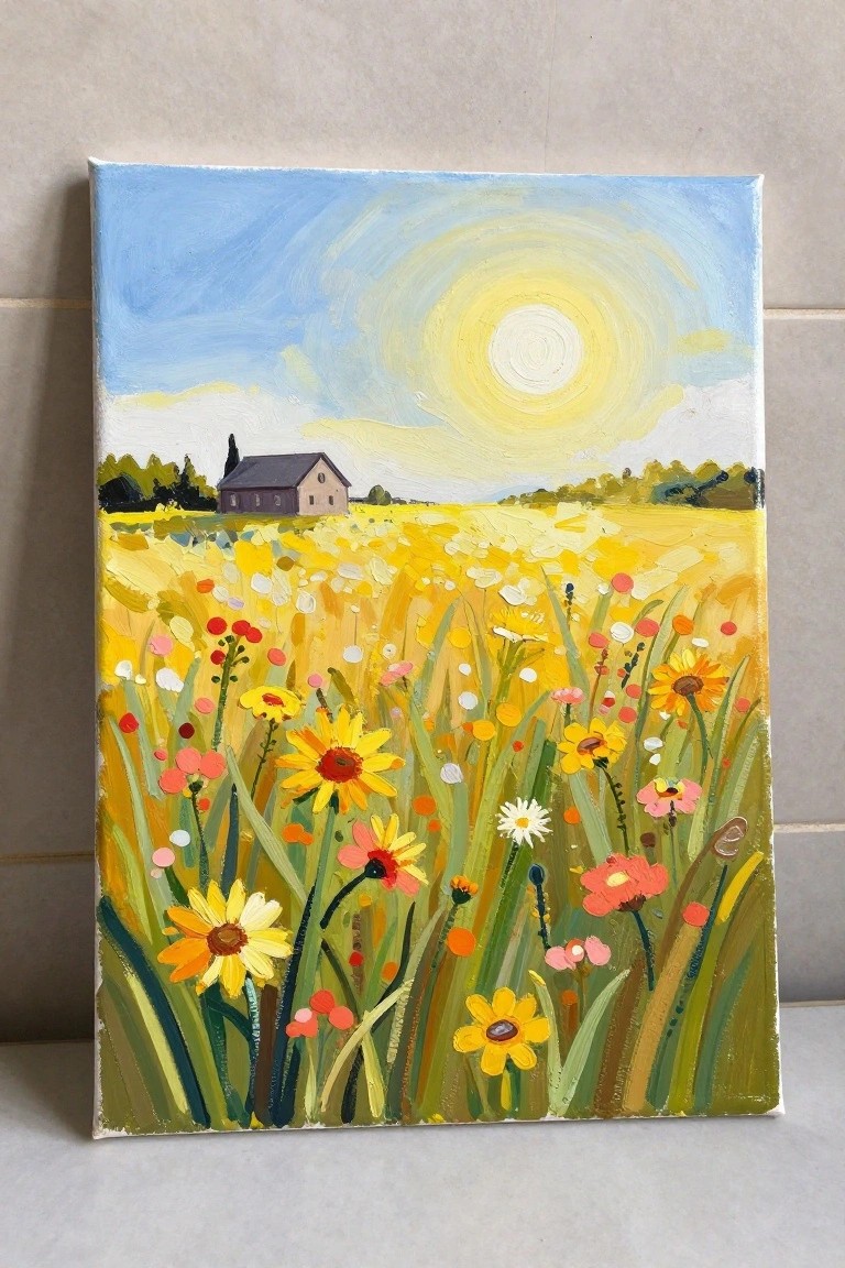 Vibrant painting of a sunny wildflower meadow with a distant house and bright sun.