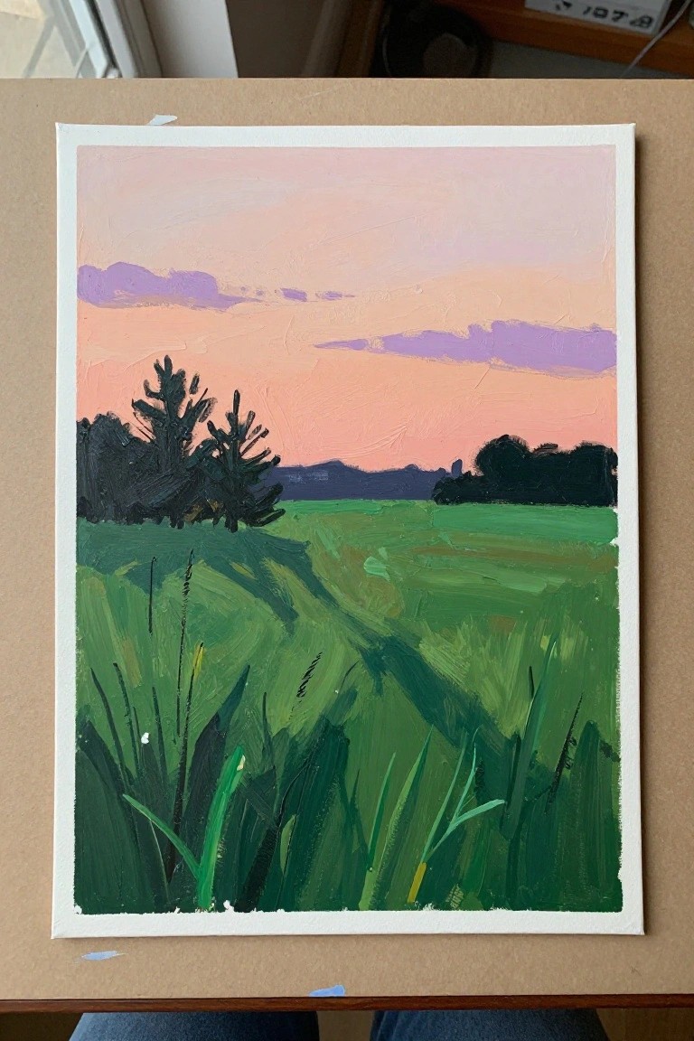 Vibrant landscape painting of green meadow under pink-orange sunset sky with purple clouds and trees