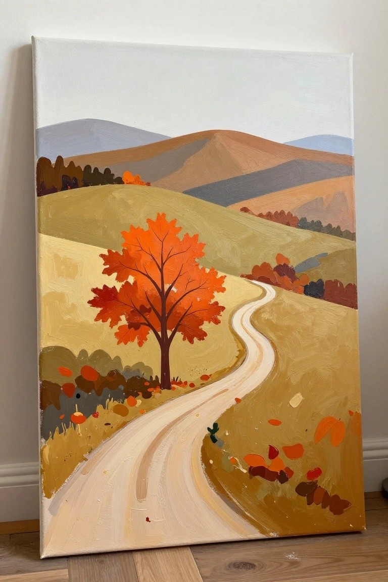 Autumn painting of winding path through golden hills with vibrant orange tree.