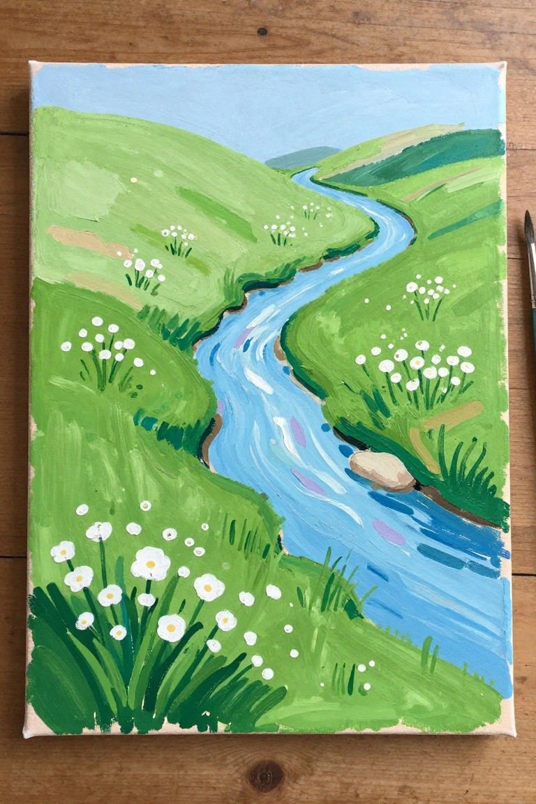 Vibrant painting of winding blue river through green hills with white flowers.