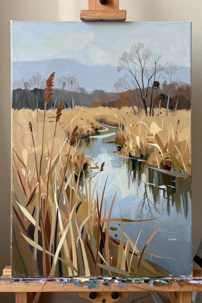 Impressionist painting on easel of winding stream amid tall brown reeds and bare trees