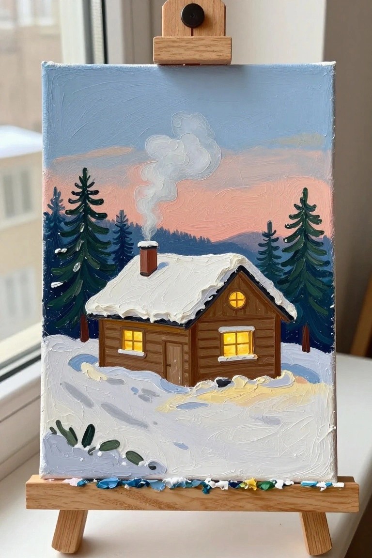 Thickly textured painting of snow-covered cabin with glowing windows on wooden easel
