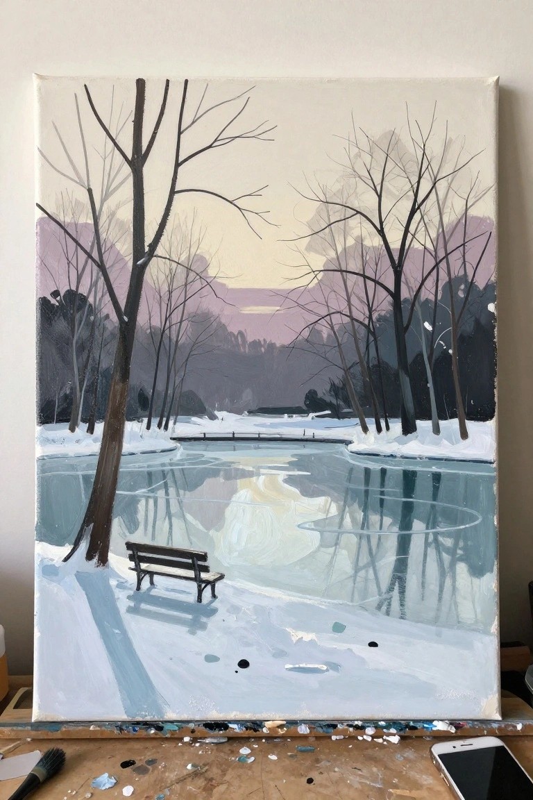 Impressionistic winter painting of snowy bench by frozen pond with bare trees at dusk