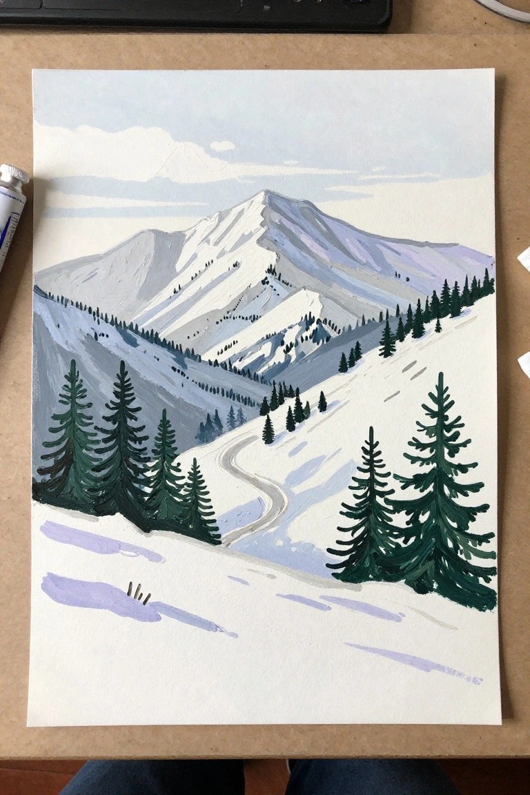 Watercolor painting of snowy mountains with green pines and winding trail on paper