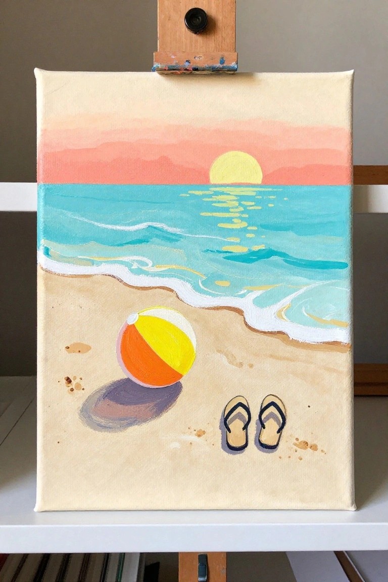 Beach sunset painting on easel with sun, turquoise waves, ball, and flip-flops.