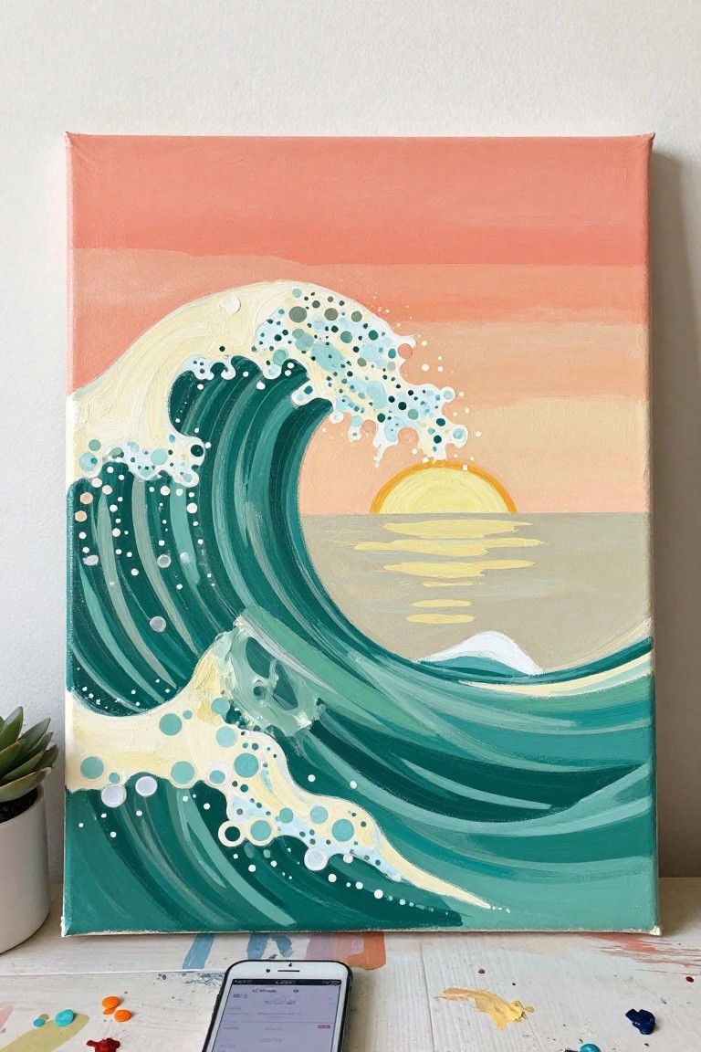 Vibrant painting of curling teal wave with foam under pink-orange sunset sky.