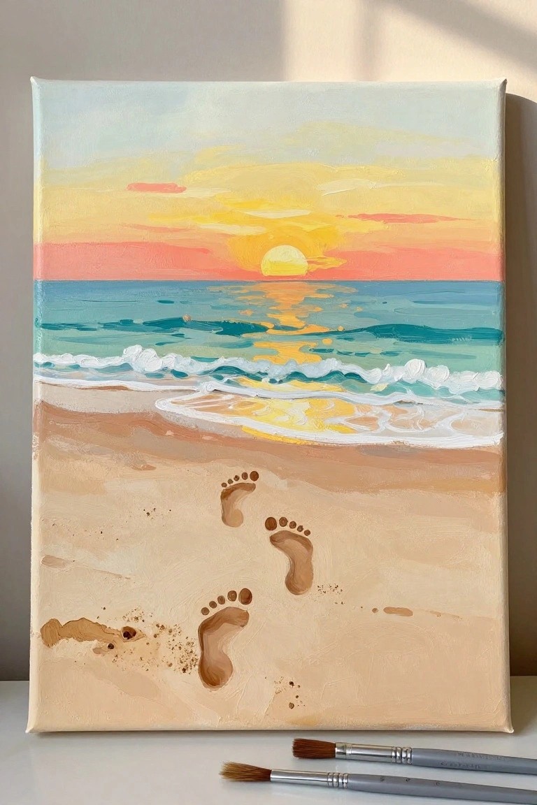 Painted canvas of sunset beach scene with ocean waves, footprints in sand, and brushes