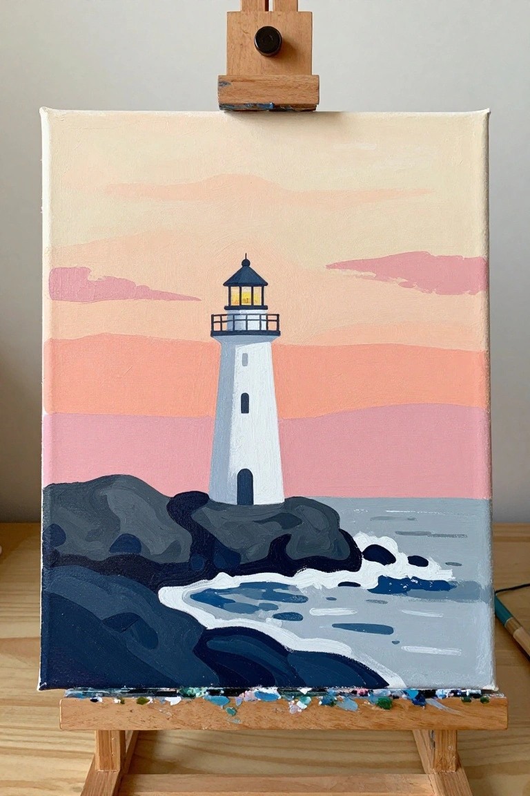 White lighthouse on rocky shore with waves under pink-orange sunset sky on wooden easel