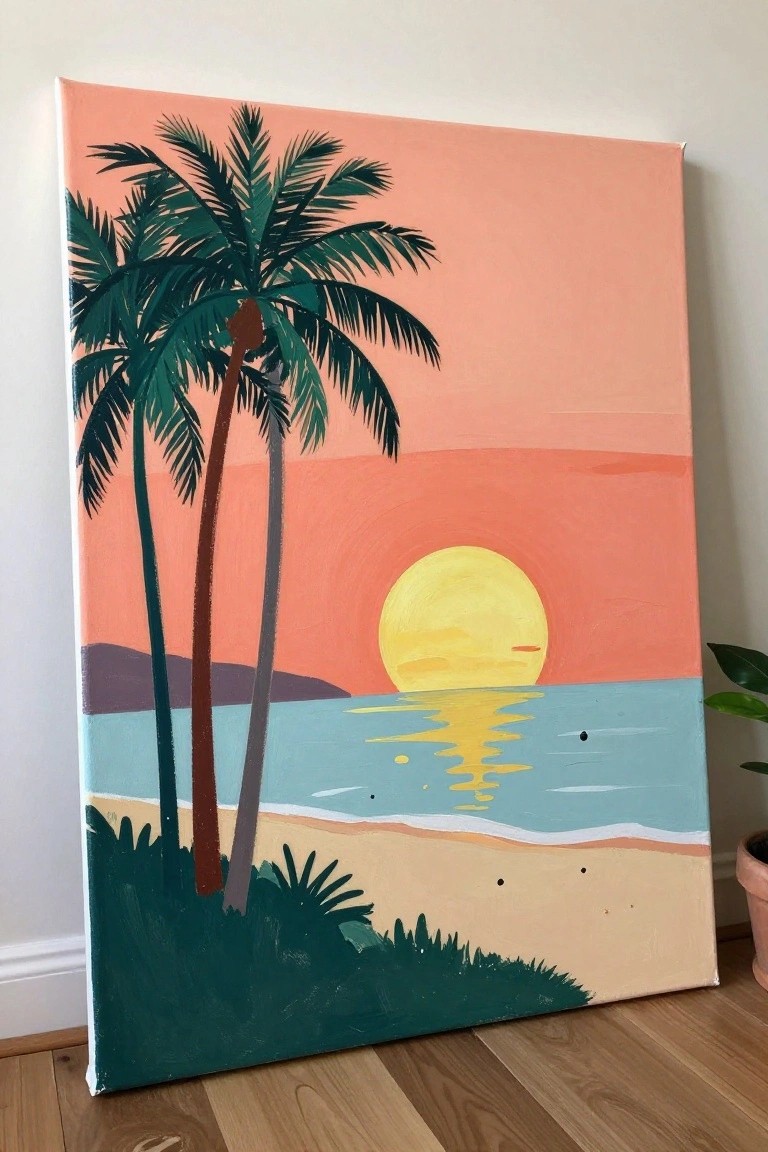 Vibrant painting of two palm trees, yellow sun, and turquoise ocean at sunset.