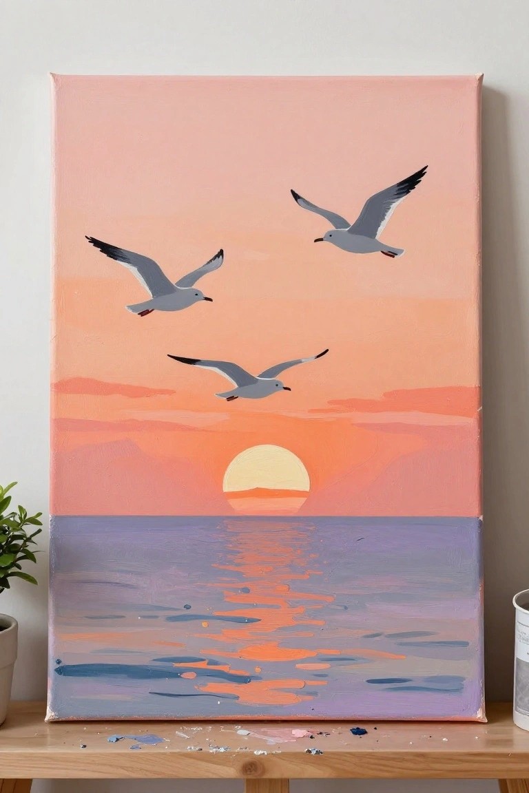 Three seagulls soaring over pink-orange sunset ocean with sun reflection on canvas.