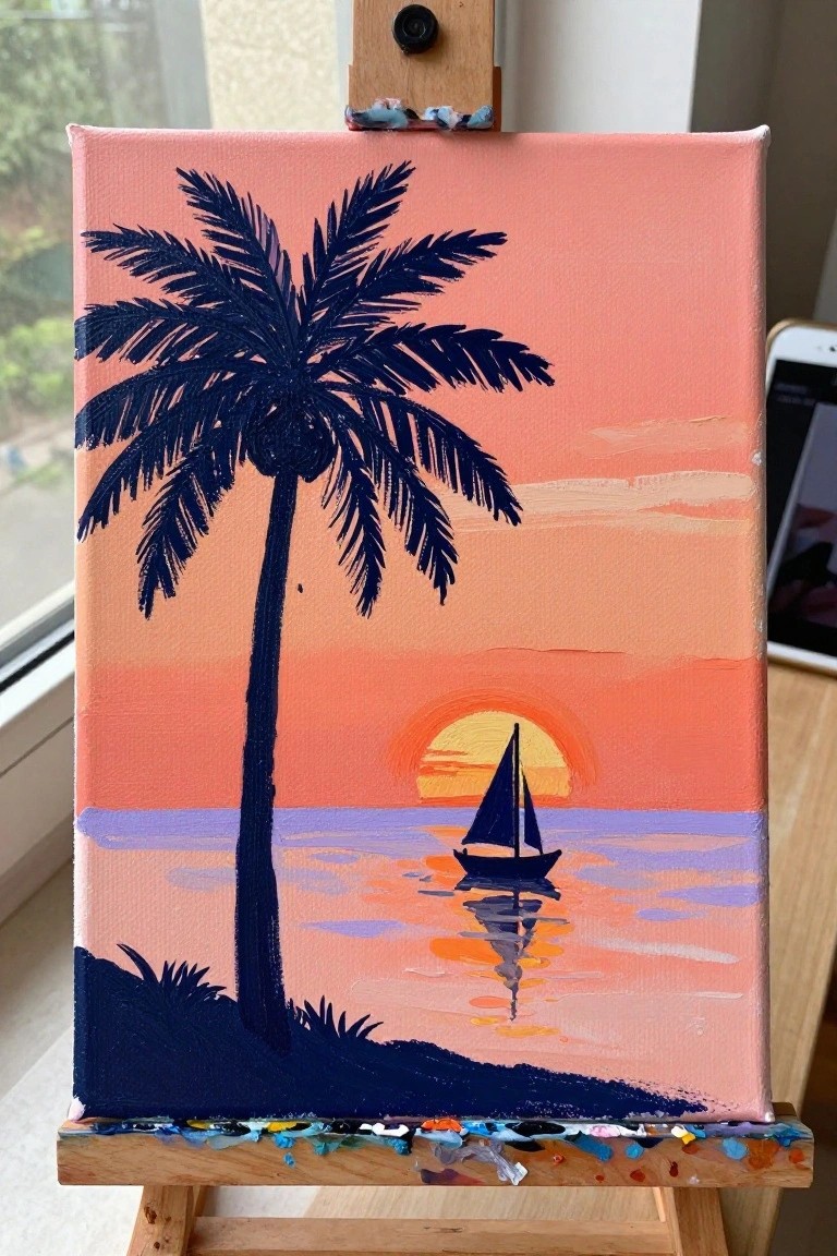 An acrylic painting on a canvas showing a dark palm tree silhouette on the left, a sailboat on the water, and a setting sun over a pink and orange sky with a purple horizon.