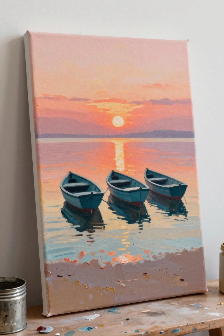 Three blue boats on shore under pink-orange sunset sky, oil painting on canvas