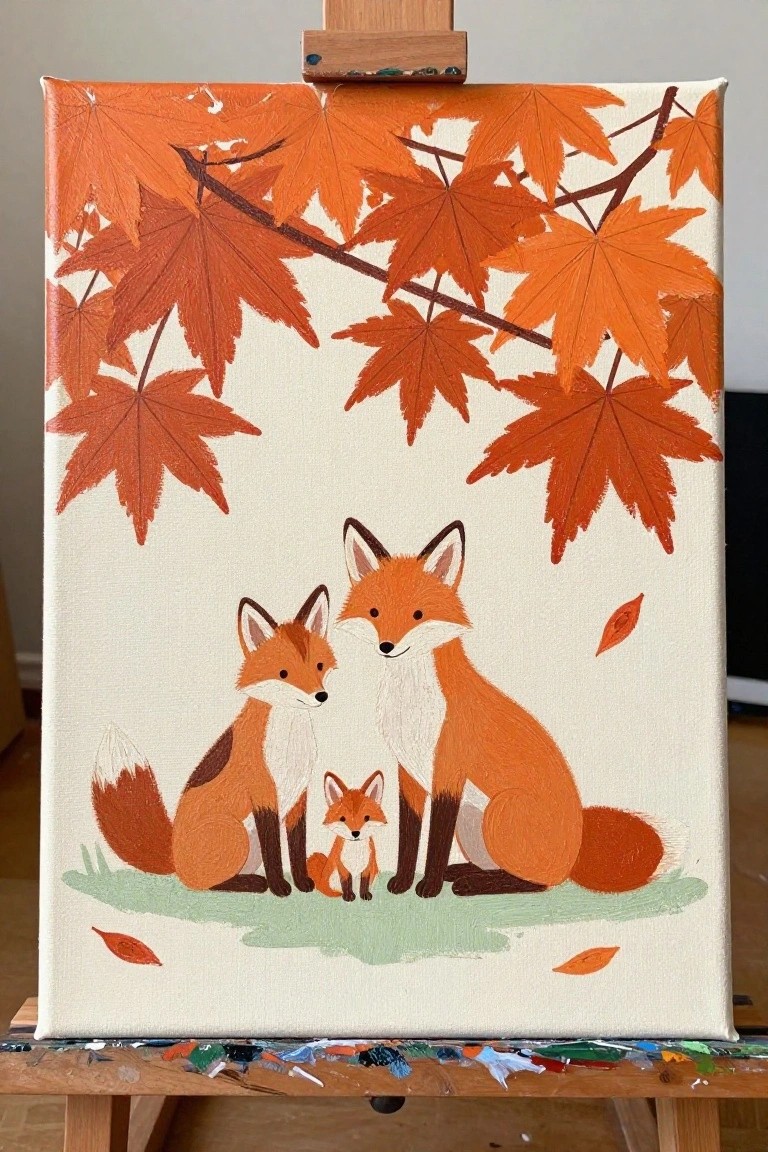 Three foxes sit under orange maple leaves in autumn painting on easel