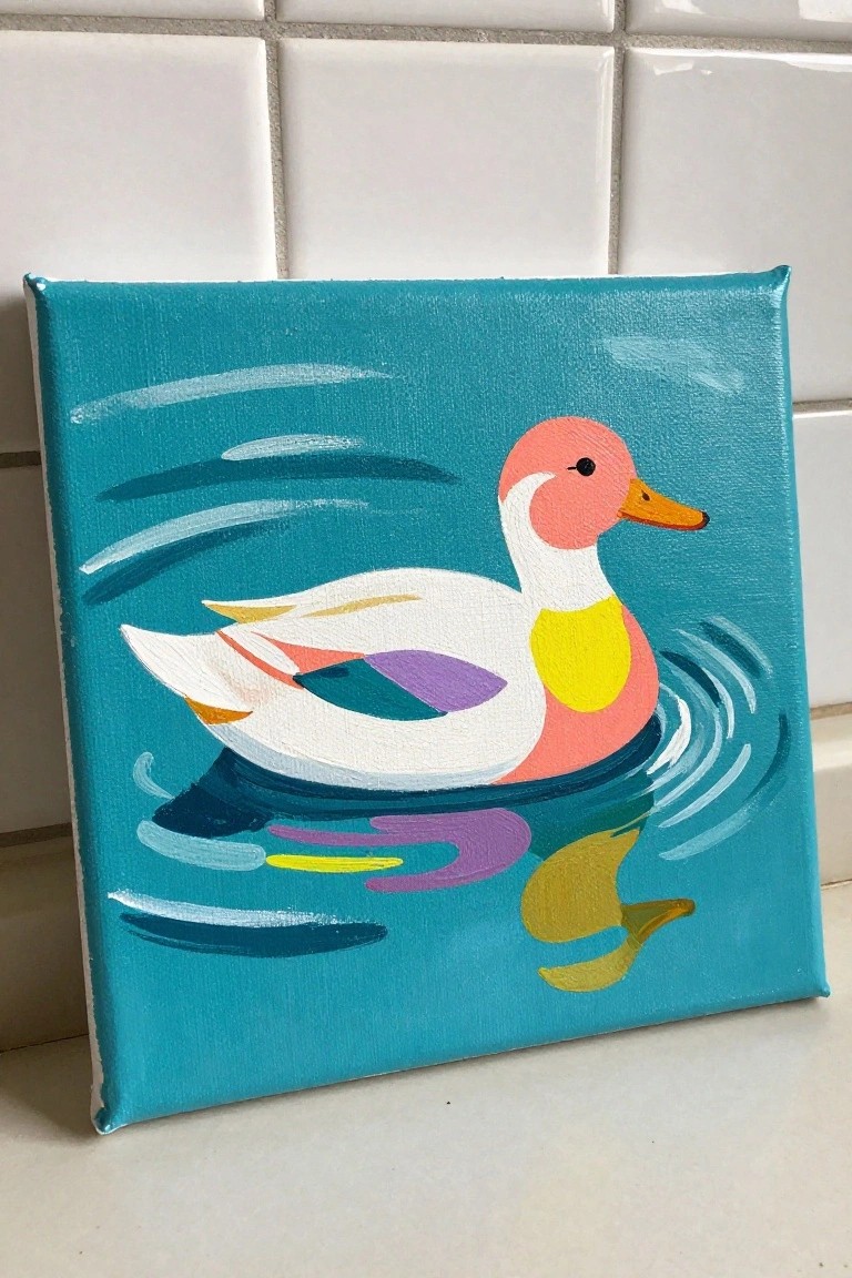Colorful duck with pink head swims amid ripples on turquoise painted canvas