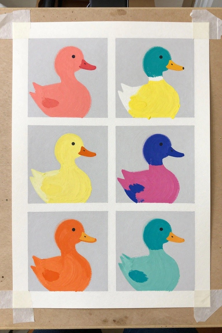 Six colorful painted ducks in grid on taped paper with gray backgrounds