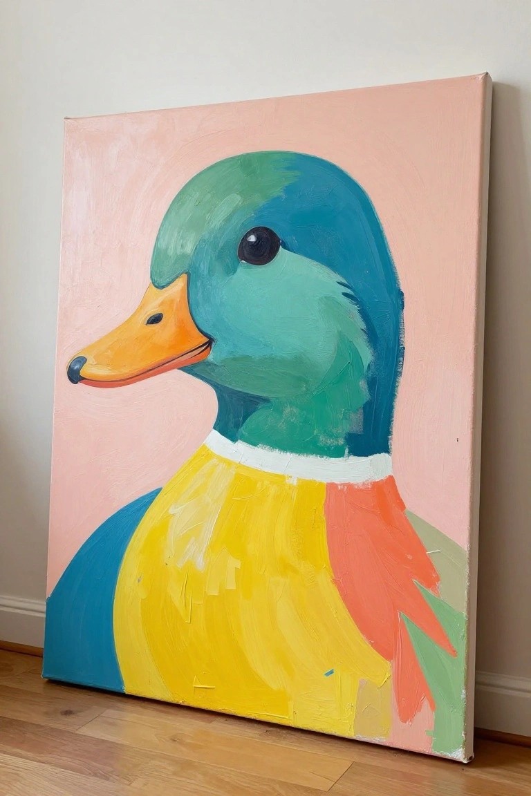 Abstract painting of mallard duck with green head, yellow body on pink canvas.