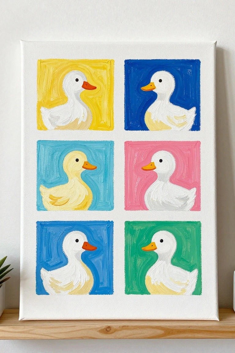 Canvas with six ducks painted on vibrant colored square backgrounds in a grid.