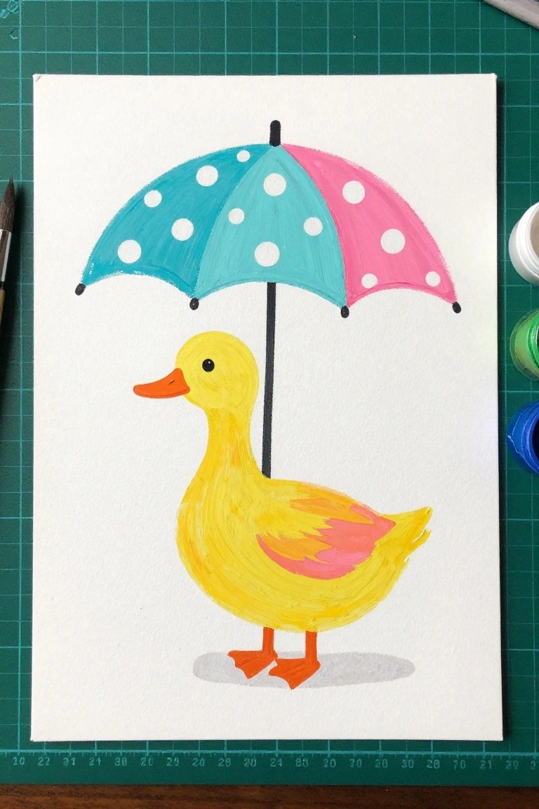 Yellow duck with orange beak holding turquoise-pink polka-dot umbrella on white canvas