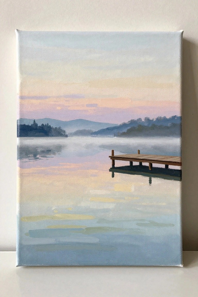 Serene oil painting of a wooden dock on misty pastel waters with hazy mountains at dawn.