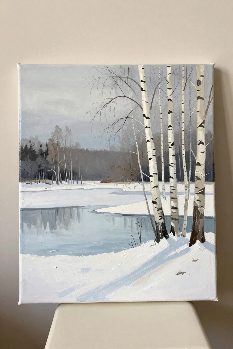 Painting of birch trees by snowy river with blue water and gray sky reflections