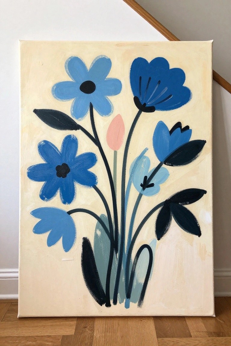 Abstract blue flower painting with dark leaves on cream canvas in room