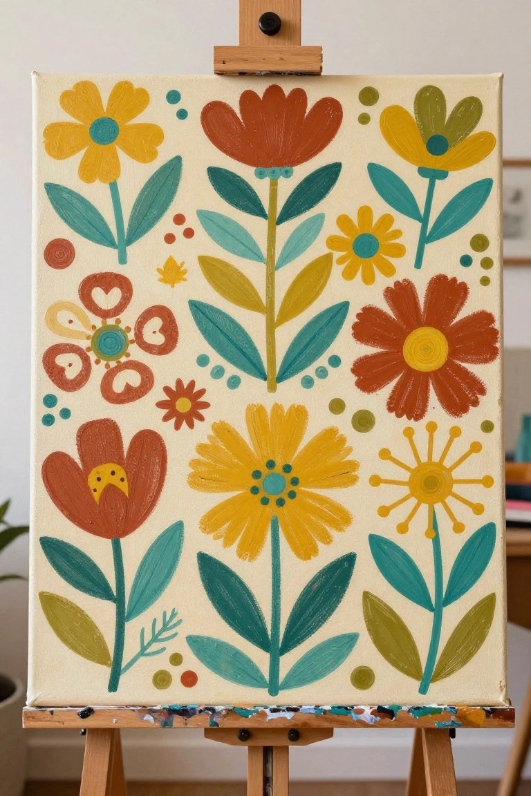 Colorful abstract floral painting with yellow and orange blooms on a wooden easel.