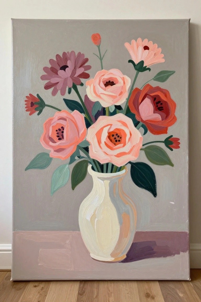 Colorful floral painting of pink roses and blooms in a white vase.