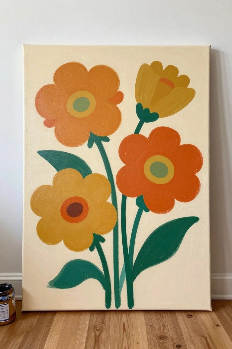 Stylized painting of orange and yellow flowers with green stems on beige canvas