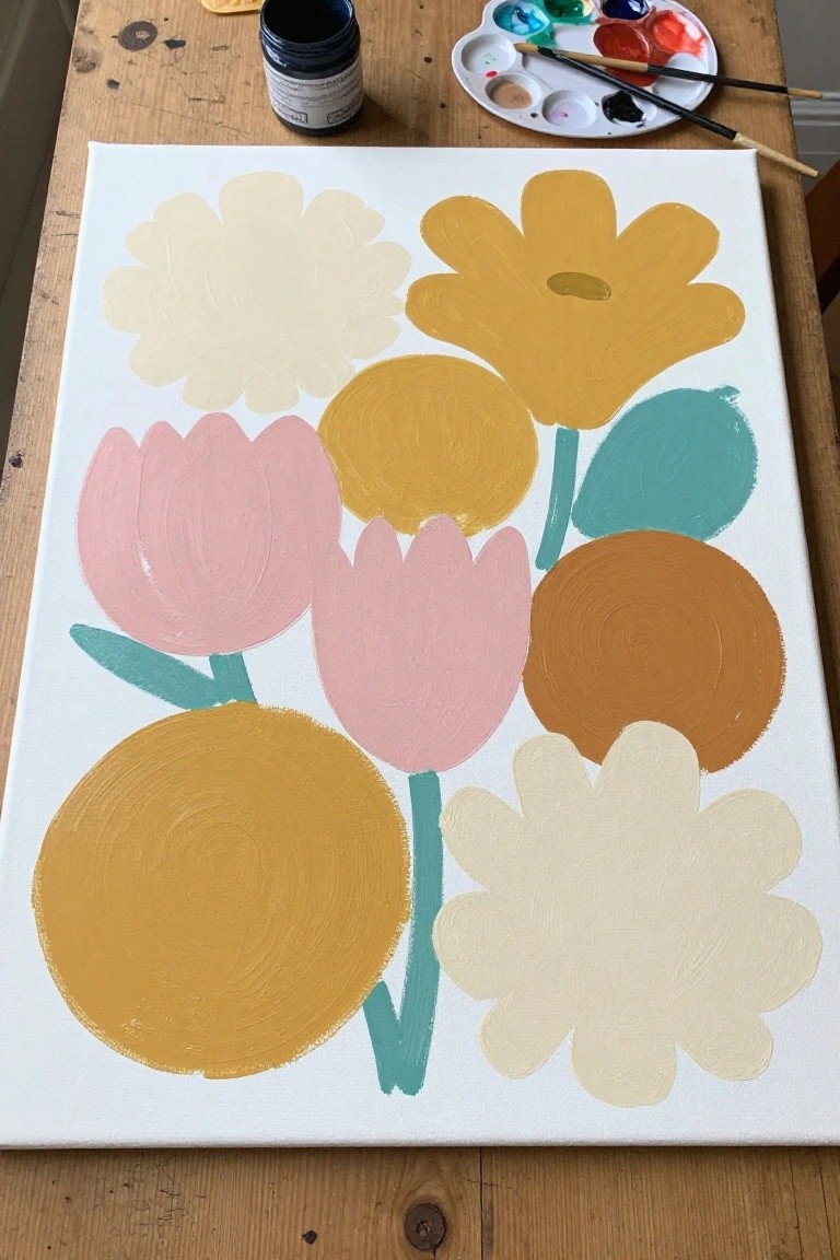 Abstract floral painting on canvas with yellow, pink, teal blooms and nearby palette, brushes.