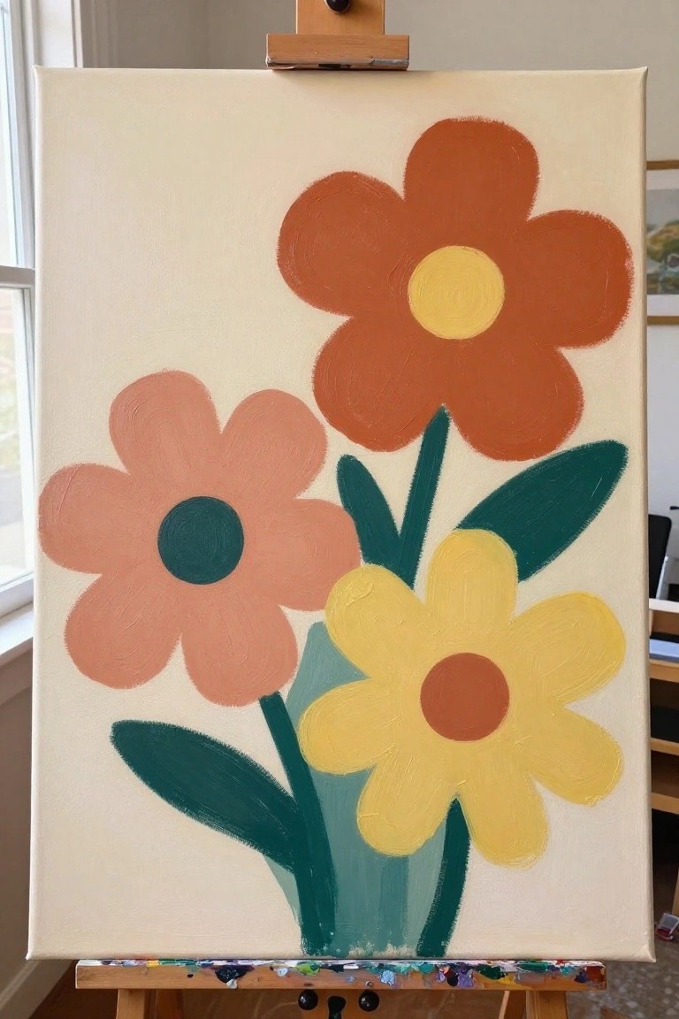 Abstract painting of three colorful flowers with green leaves on easel