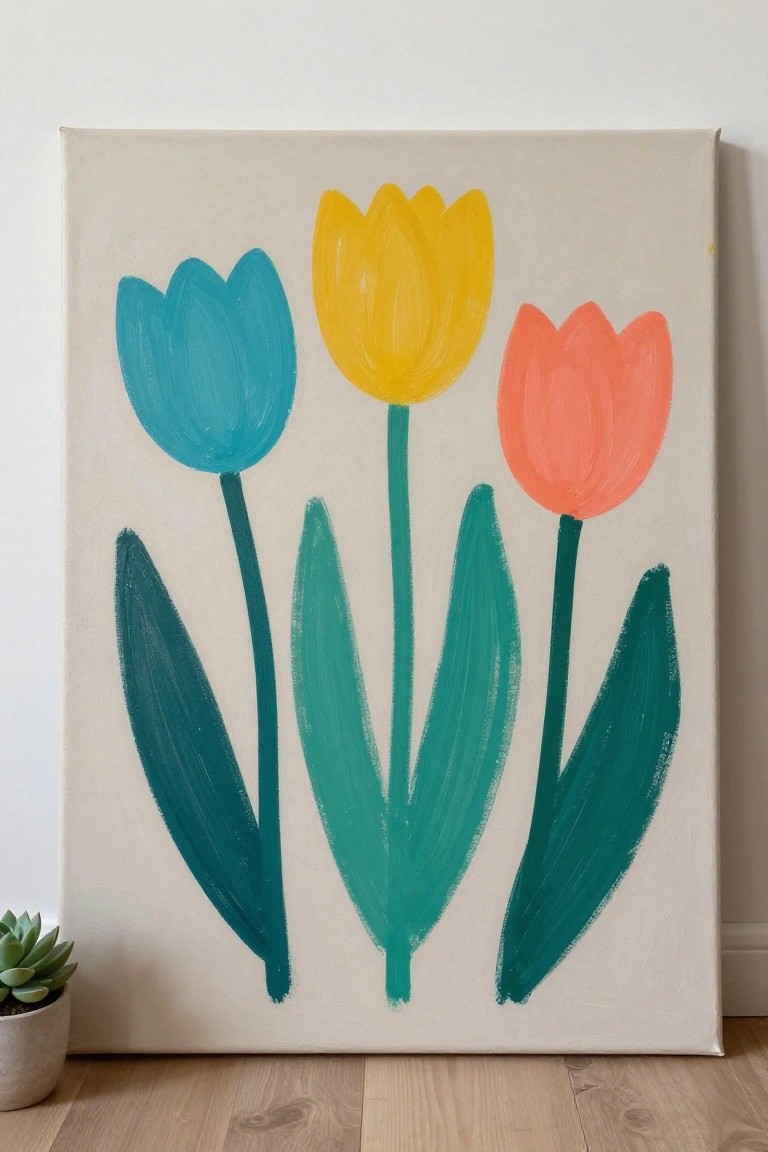 Abstract painting of three tulips in turquoise, yellow, and coral with green leaves