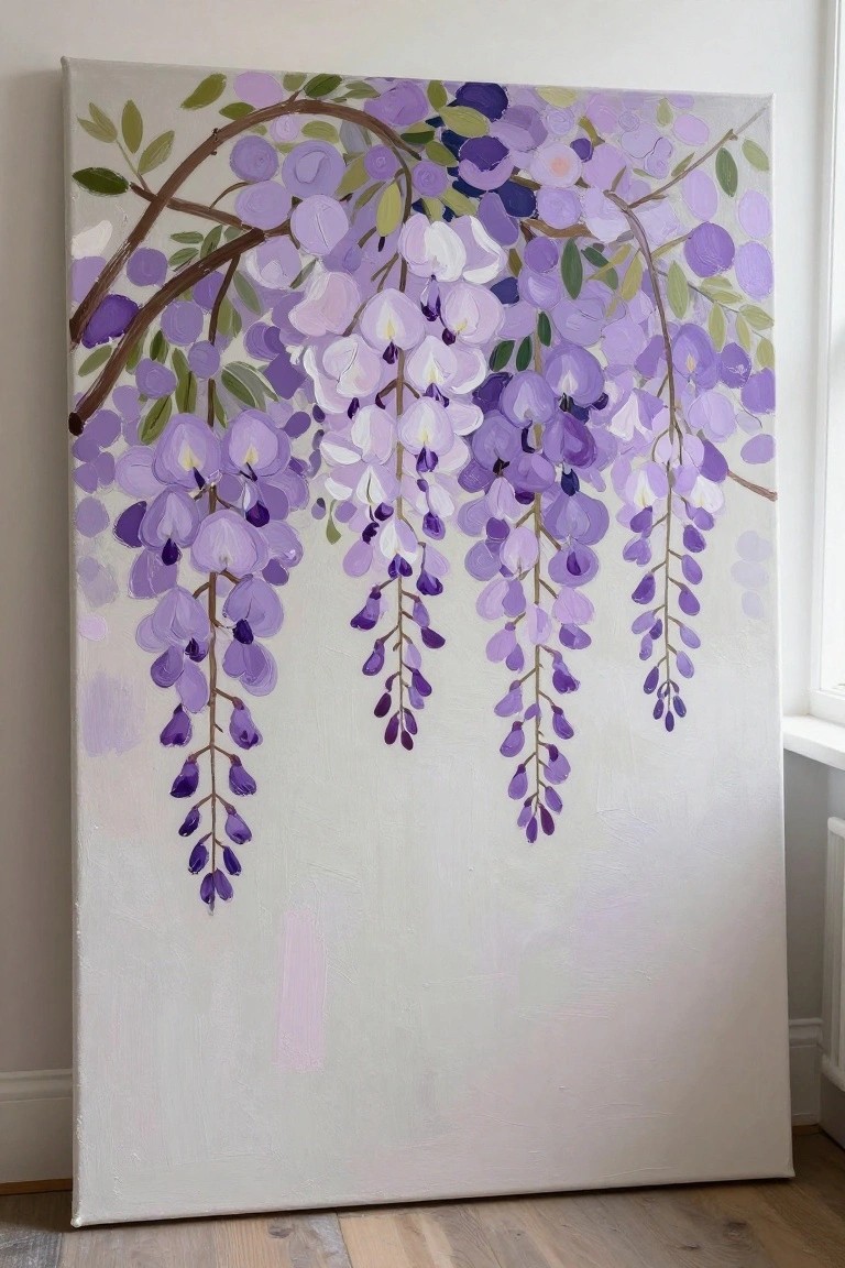 Painting of cascading purple wisteria flowers from brown branches on white canvas