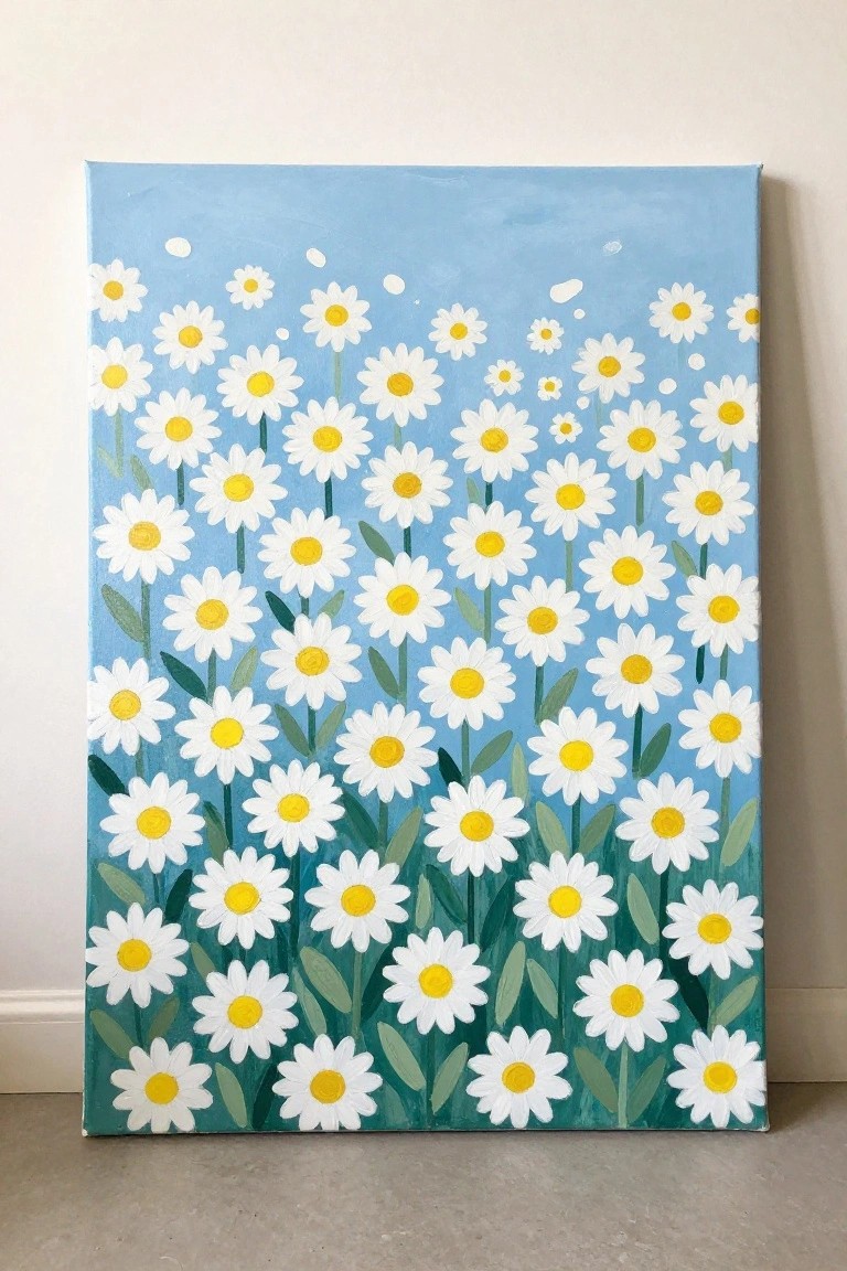 Vibrant painting of white daisies with yellow centers against a blue sky.