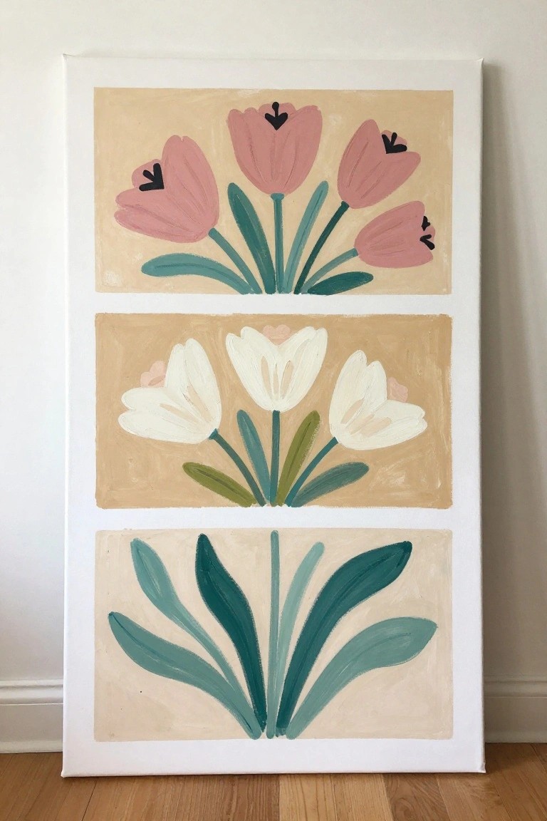 Abstract triptych painting with pink tulips, white flowers, and green leaves on beige panels.