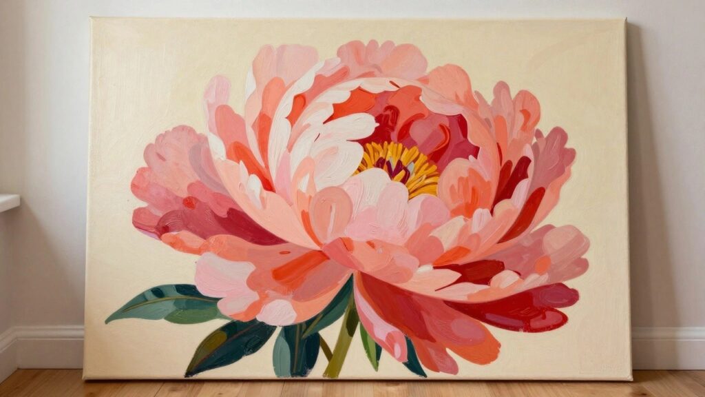 Vibrant oil painting of blooming peony with pink, red, and yellow petals on canvas