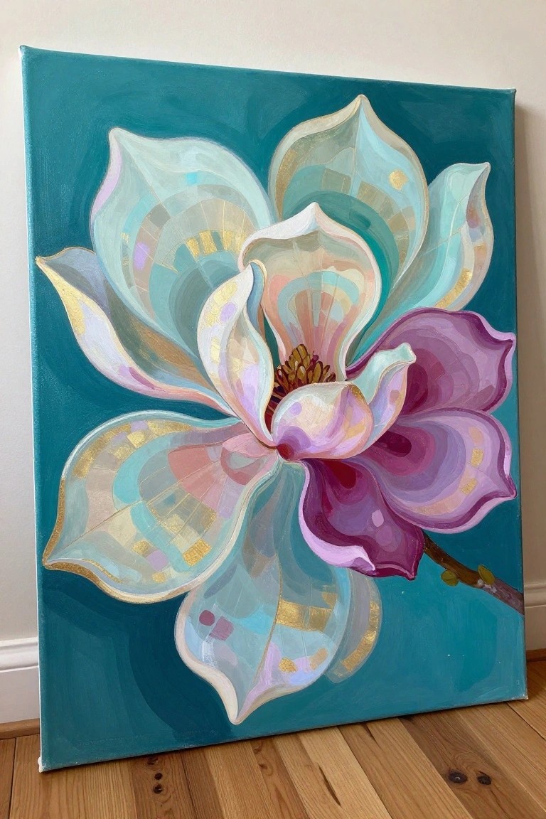 Large magnolia painting with purple teal petals and gold accents on teal canvas