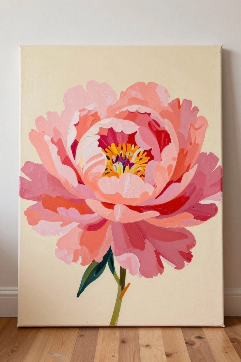 Vibrant oil painting of blooming peony with pink, red, and yellow petals on canvas