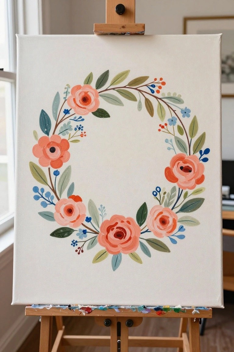 Canvas on easel with pink floral wreath painting and green leaves