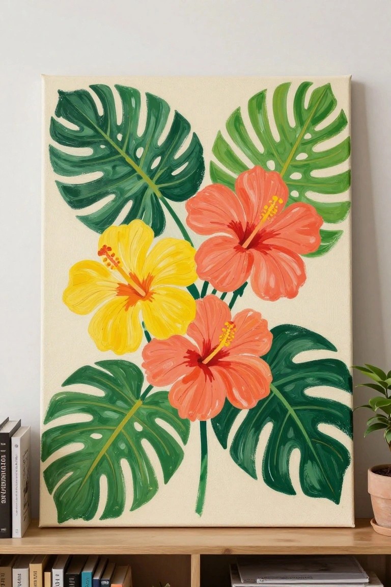 Vibrant canvas painting of yellow and coral hibiscus flowers with green monstera leaves