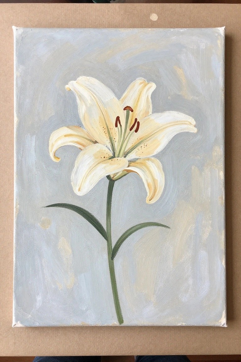 White lily with green stem on light blue canvas with visible brushstrokes