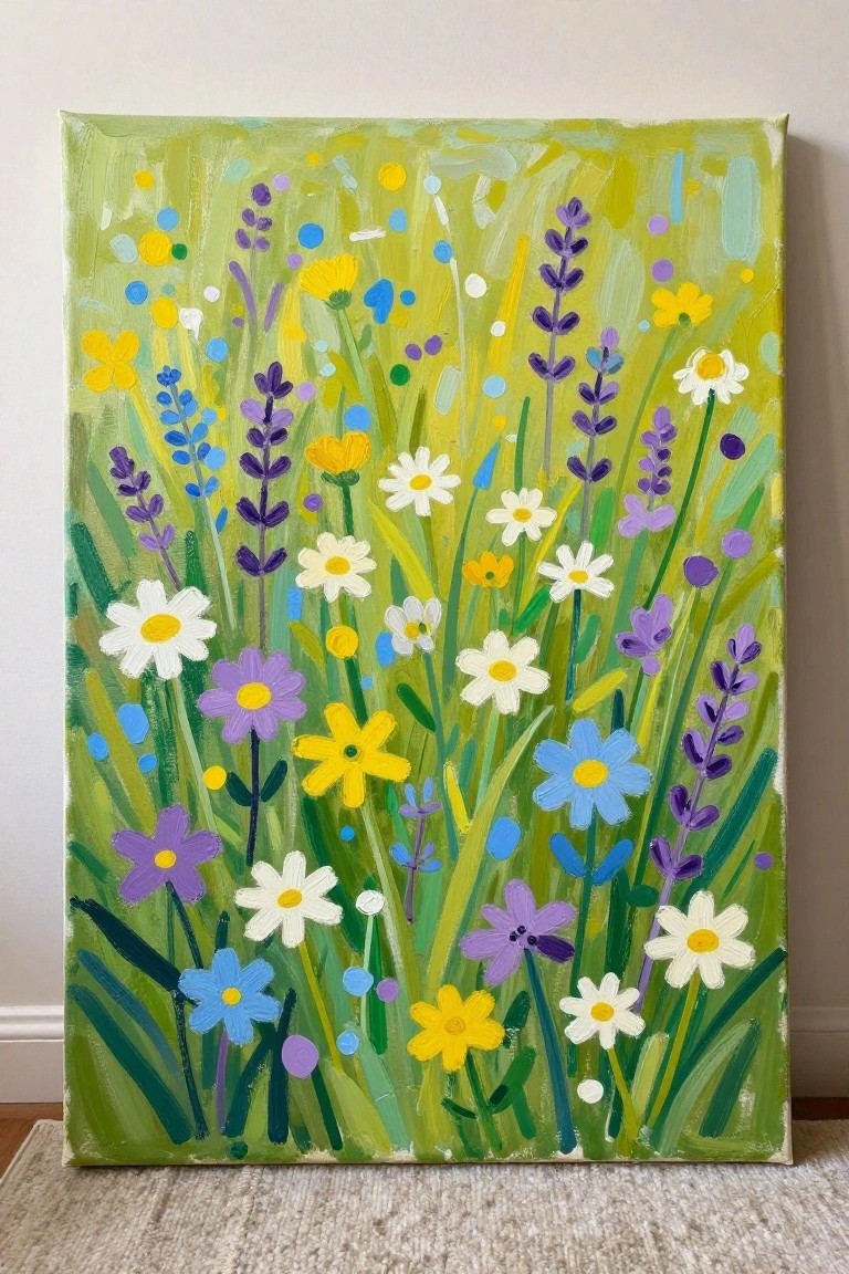 Vibrant wildflower painting with purple lavender, white daisies, and yellow blooms on green