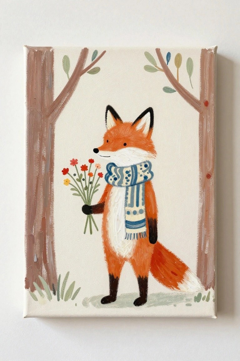 Orange fox in blue scarf holds colorful flowers between two trees