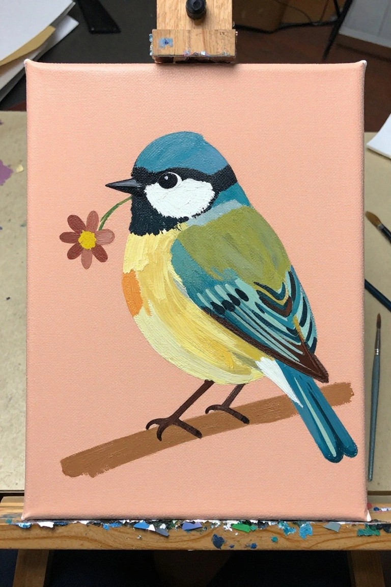 Colorful blue tit bird clutching flower on branch against solid peach background