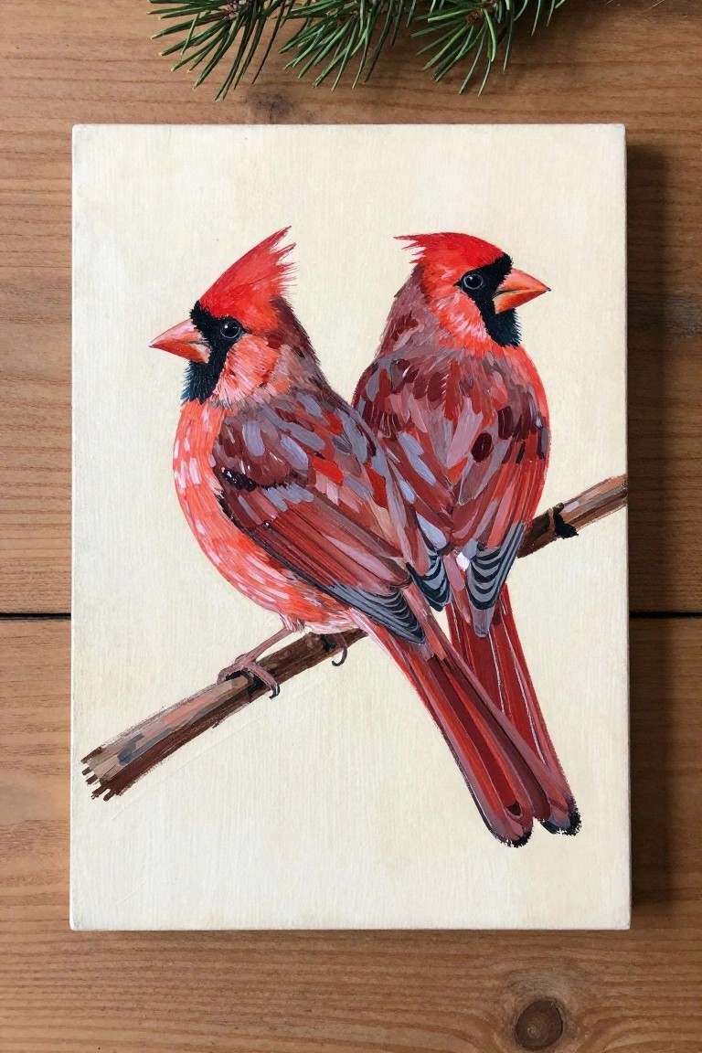 Two red cardinals perched on a branch in a vibrant canvas painting