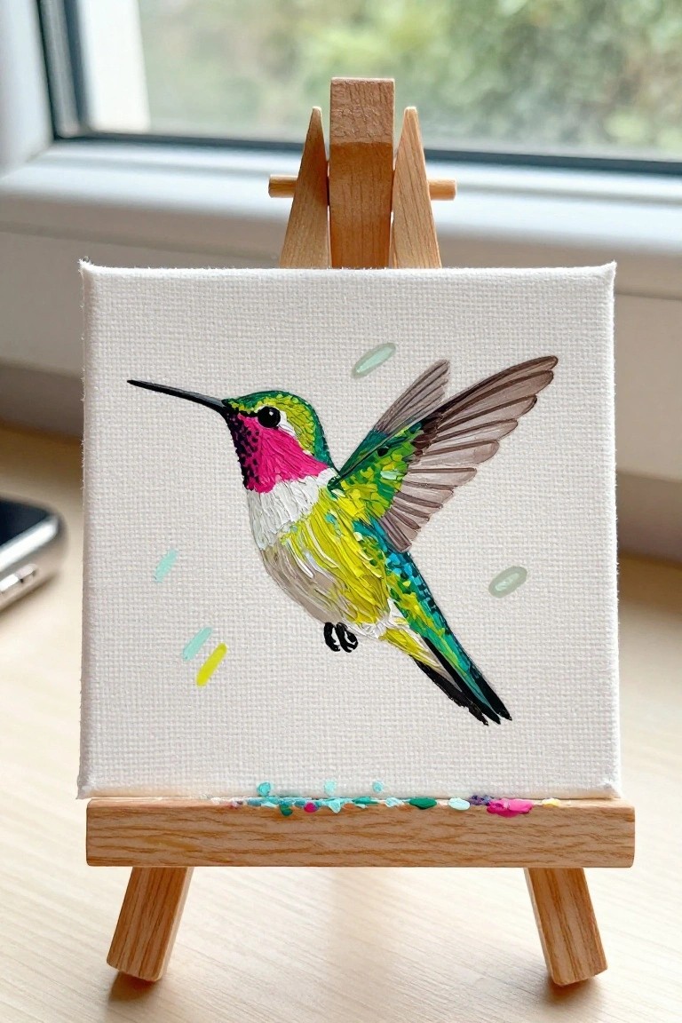 Miniature canvas on wooden easel with vibrant colorful hummingbird painting and paint dots