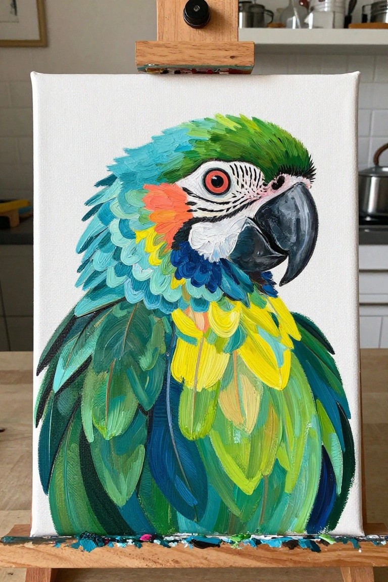 Vibrant macaw painting with bold blue, green, and yellow brushstrokes on easel.