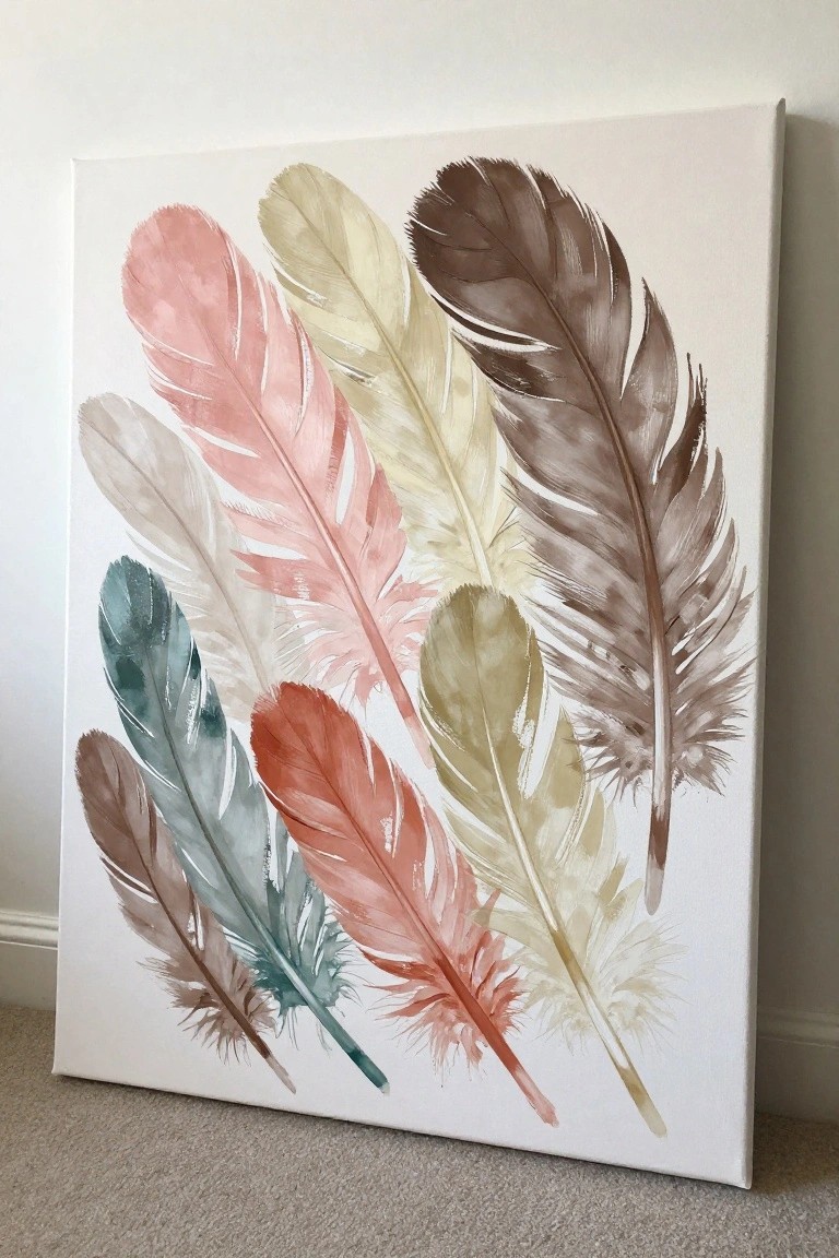 Watercolor feathers in pink, teal, brown, and beige on white canvas