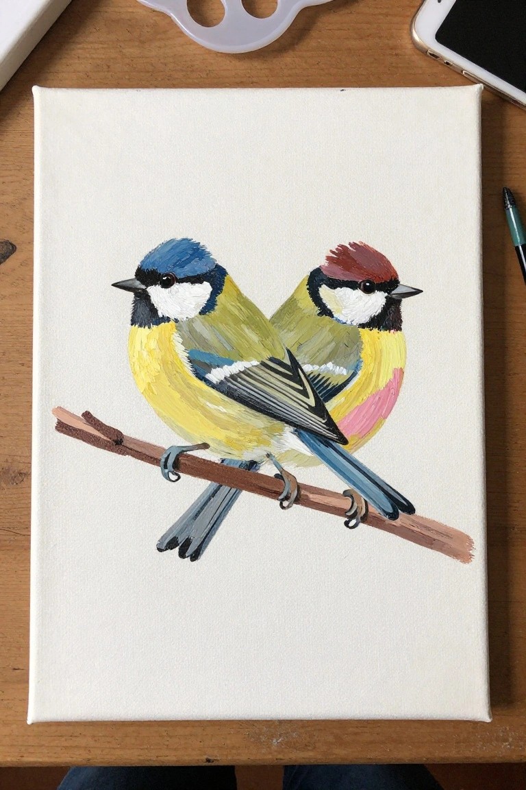 Two colorful birds with blue and red heads perched on a branch, acrylic on canvas.