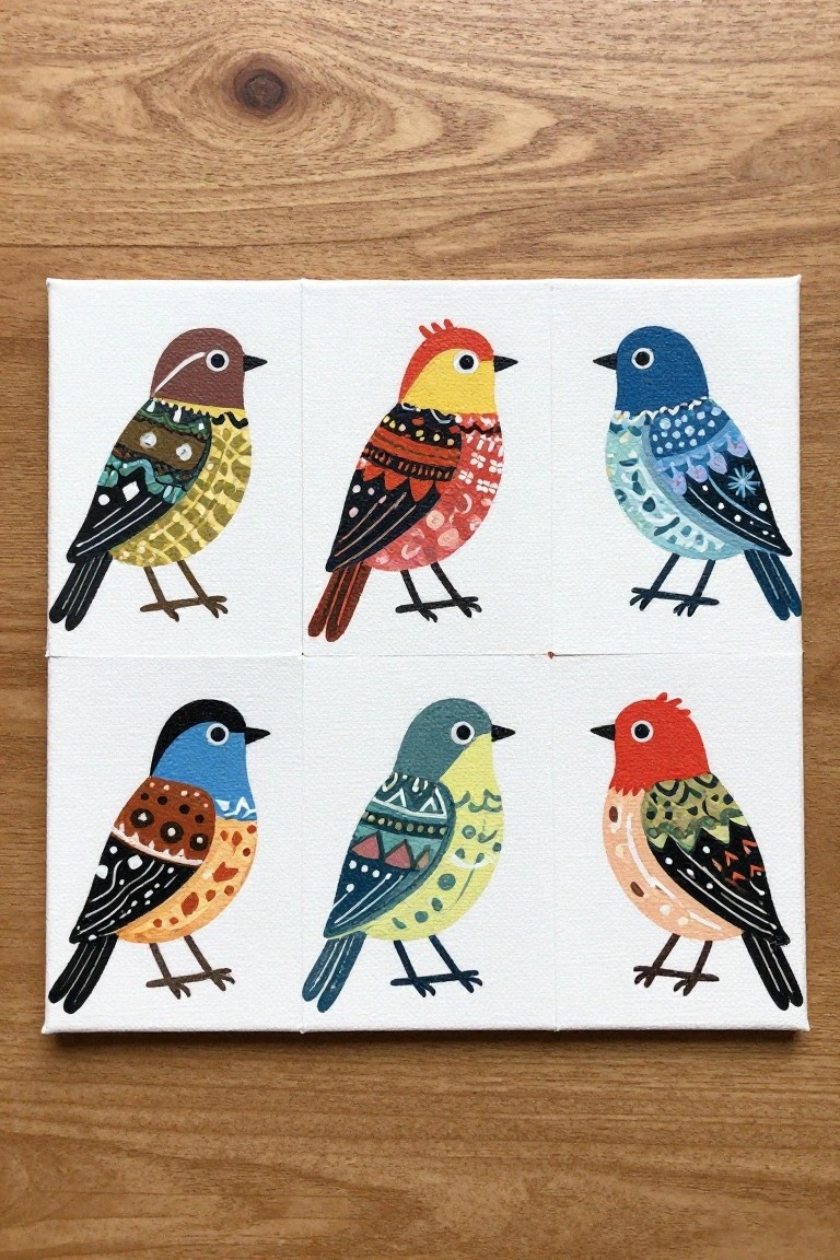 Six colorful patterned birds painted on small canvases in a grid on wood